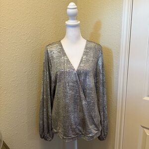 Anthropologie NWT Carys Dolman Top Silver Metallic Long Sleeve Wrap Blouse M